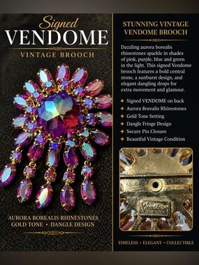 Signed Vendome Vintage Aurora Borealis Rhinestone Dangle Brooch Gold Tone 🧷